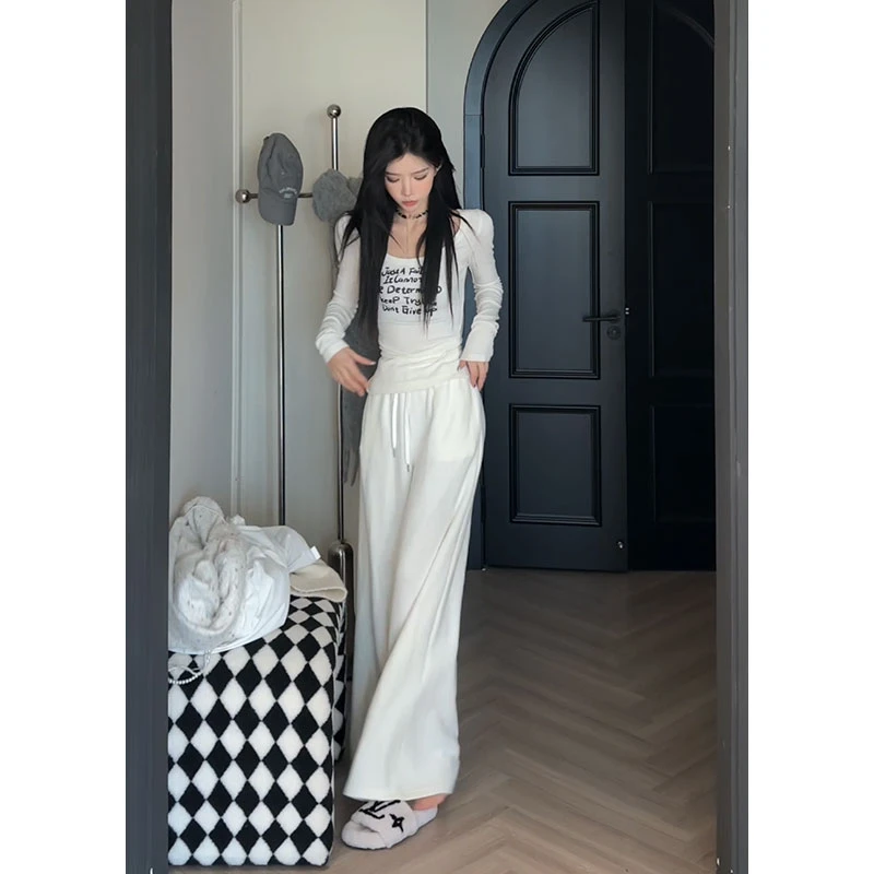 孙妍新款【暖暖裤】时尚高腰抽绳系带坑条垂感休闲针织阔腿裤秋款