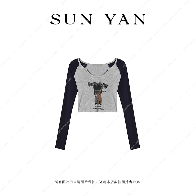 孙妍新款【美高少女】复古设计感不规则领撞色修身短款印花T恤女