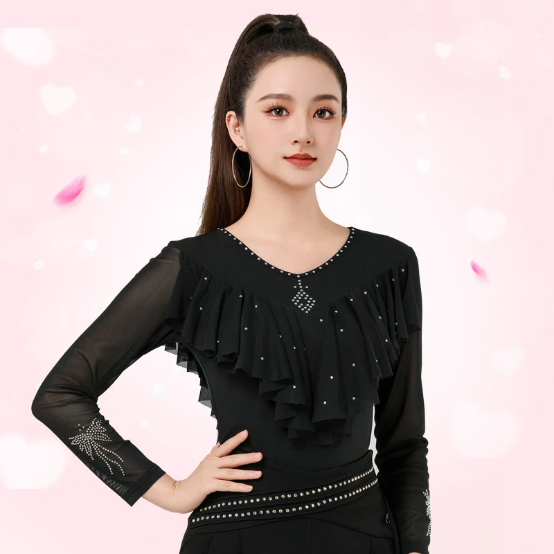 秋季新款广场舞上衣黑色女长袖拉丁舞显瘦烫钻荷叶边舞蹈服T3039