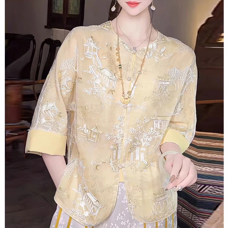 女装上衣气质时尚秋季中式显瘦复古重磅宽松中国风重工提花设计感