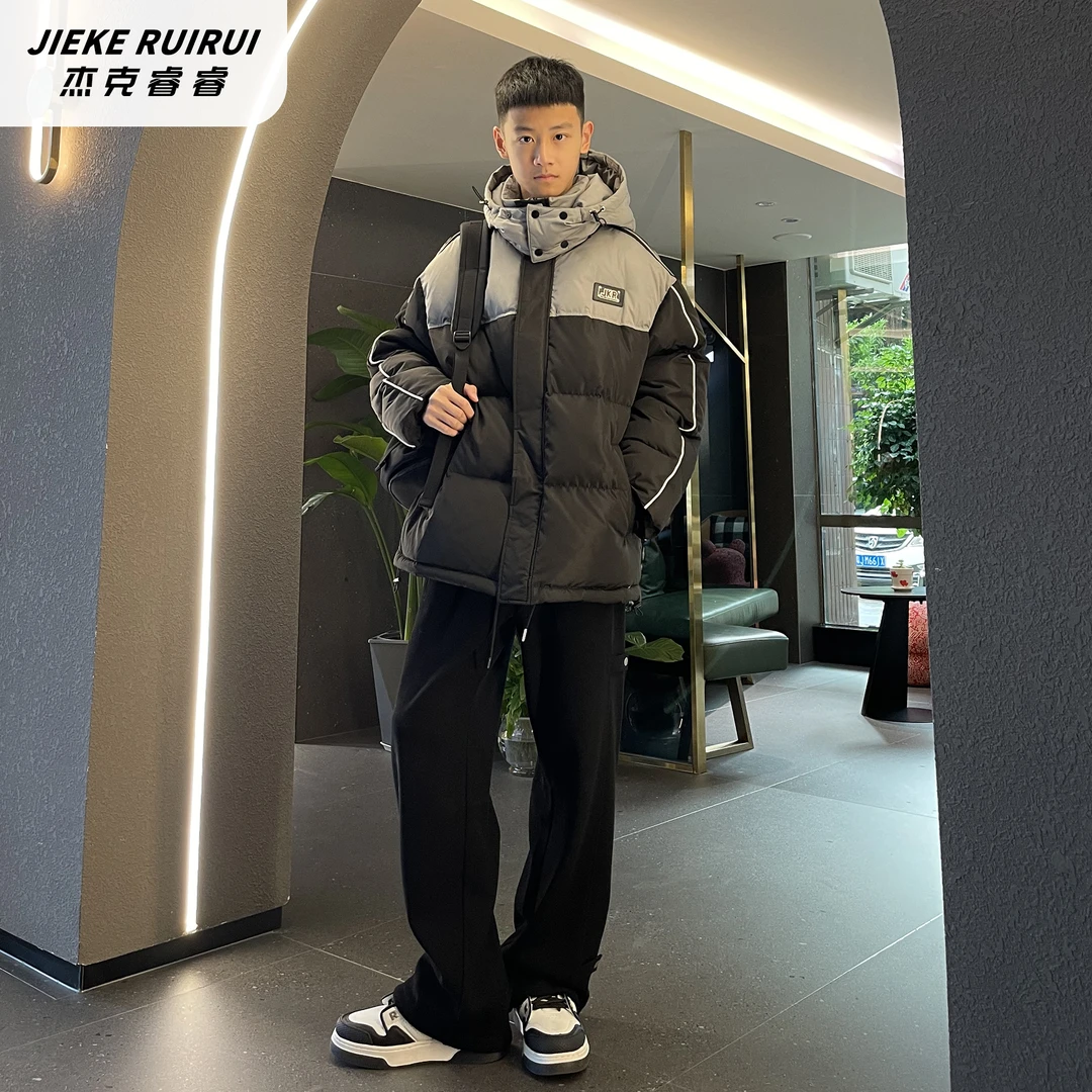 【现货-亲】冬可拆卸连帽线条羽绒外套大童休闲撞色外套杰克睿睿