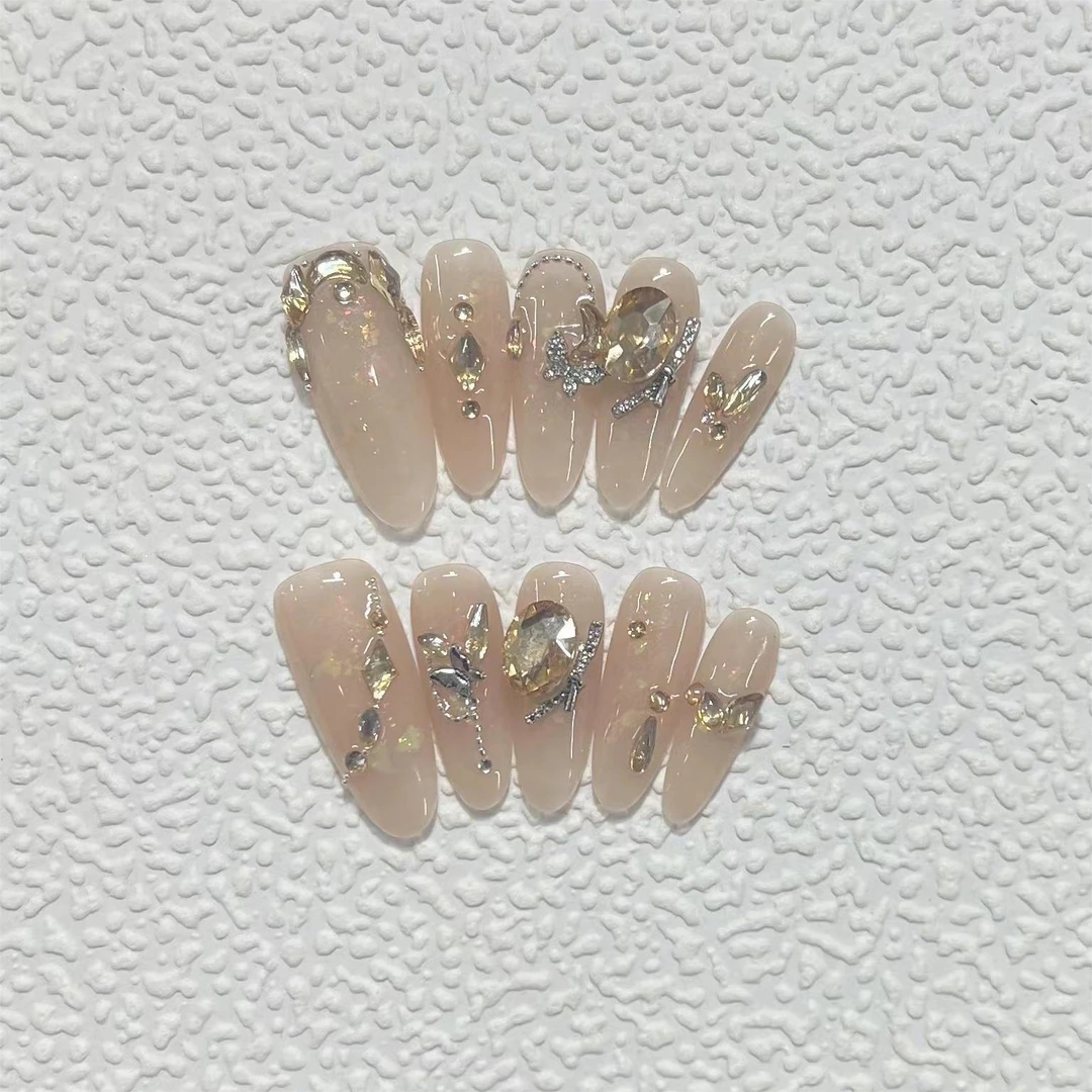 迪縵  纯欲超仙裸色爆闪金箔香槟钻甲片可拆卸穿戴甲