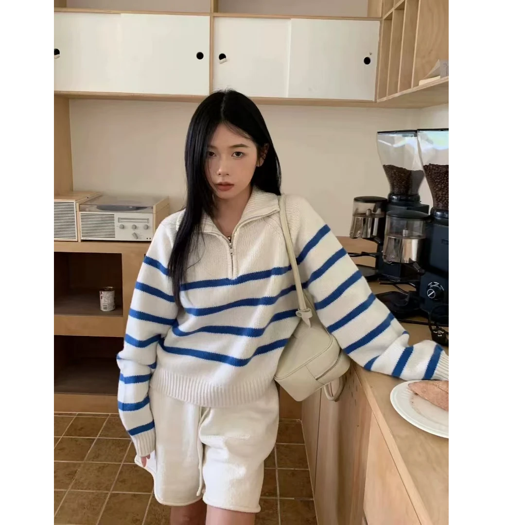韩国2025秋冬高品质慵懒风针织衫宽松减龄拉链立领条纹软糯001