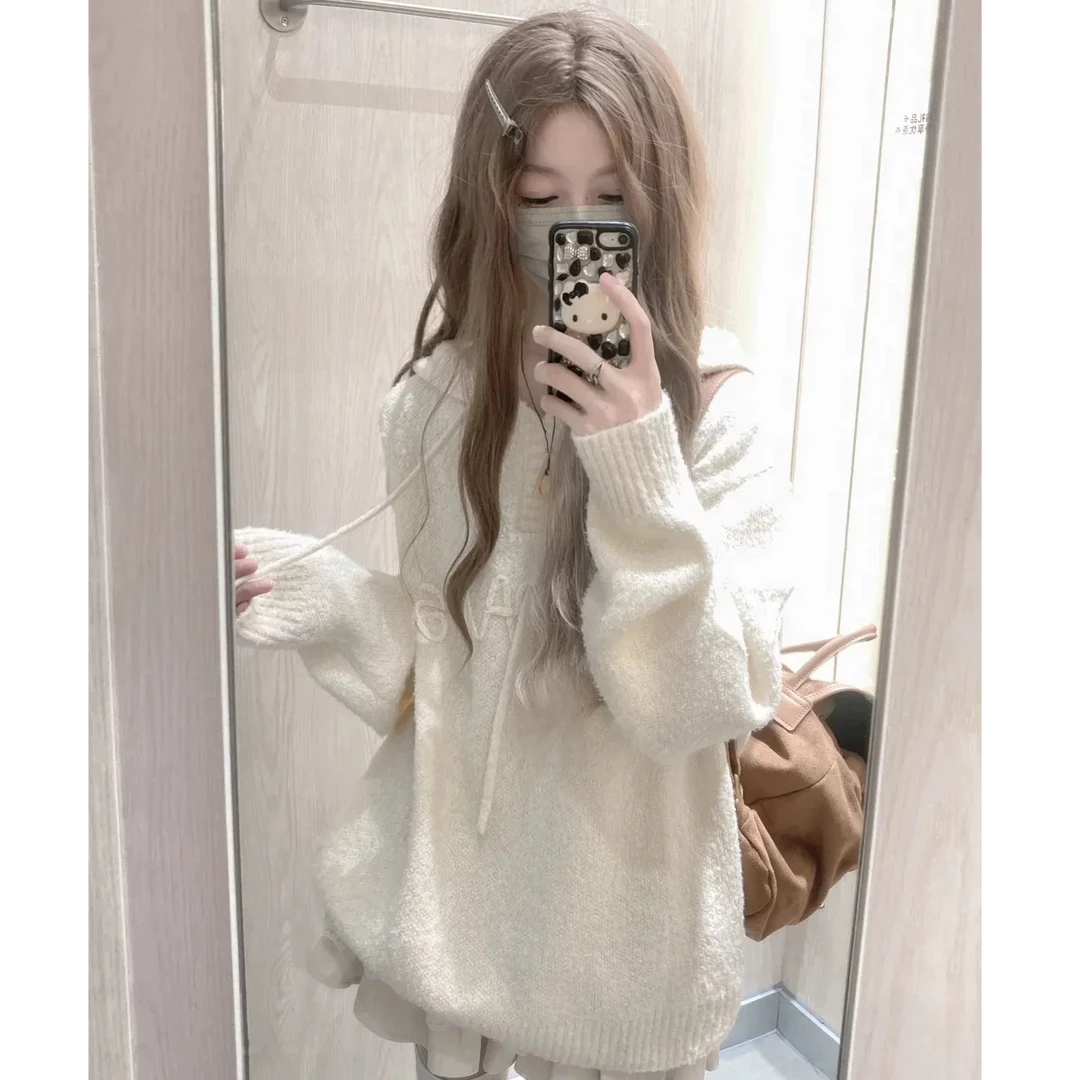 美式复古米白色连帽针织衫女秋冬新款小个子宽松显瘦百搭毛衣外穿