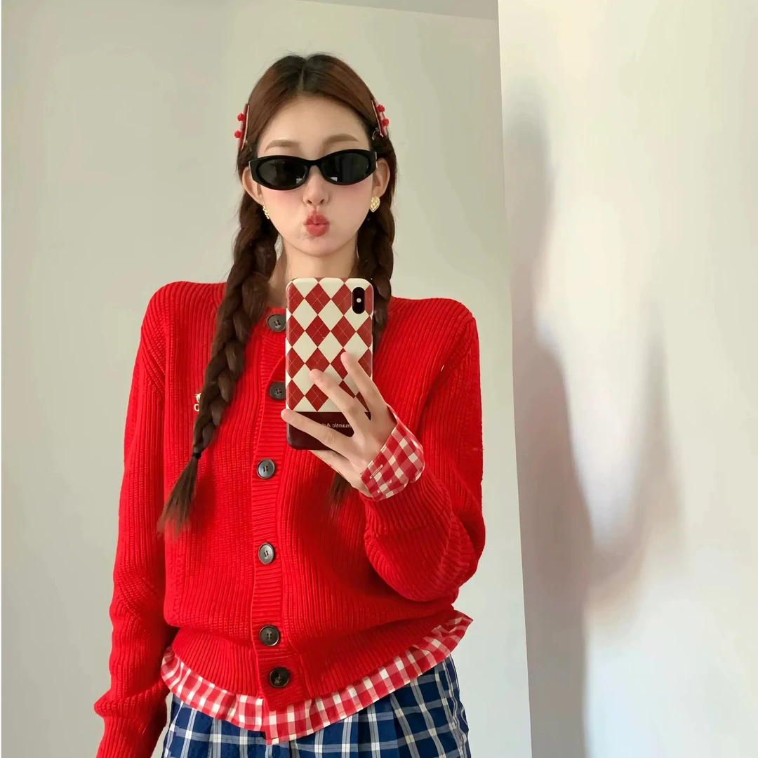 炸街高级感学院风秋冬新款假两件针织开衫女百搭设计感拼接毛衣潮