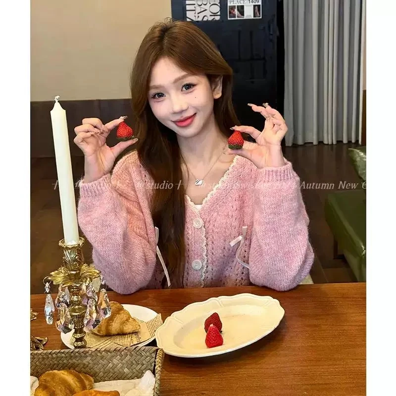 法式气质秋冬新款V领针织毛衣外套女开衫显瘦内搭上衣外套百搭女