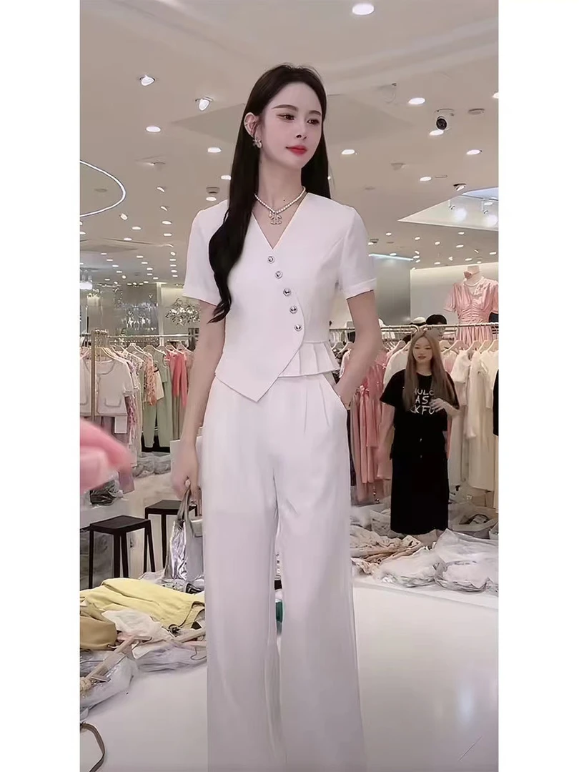 气质名媛小香风时尚套装女2024夏季新款轻奢短袖外套阔腿裤两件套