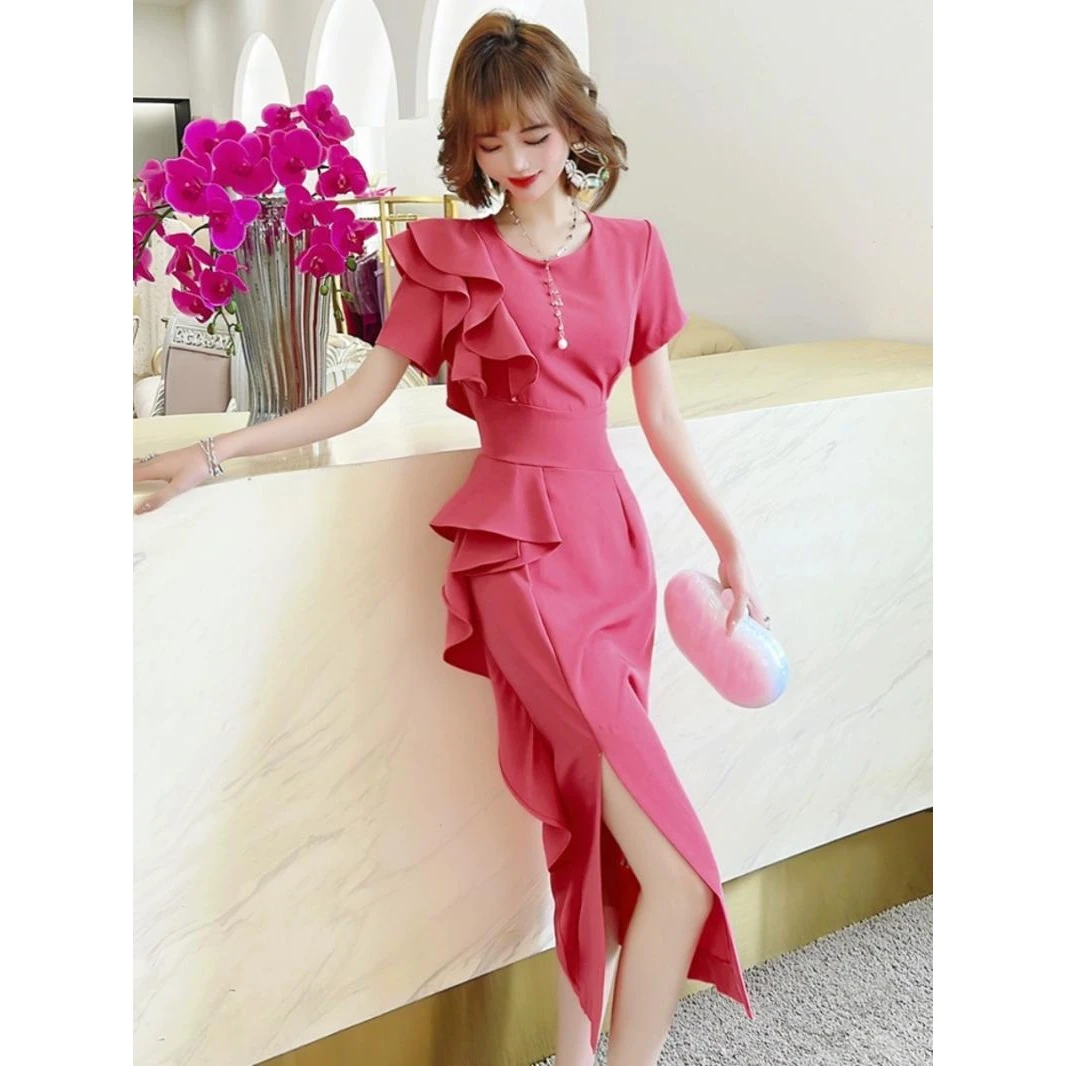 法式新款女时尚气质名媛御姐范修身收腰显瘦荷叶边连衣裙小个子女