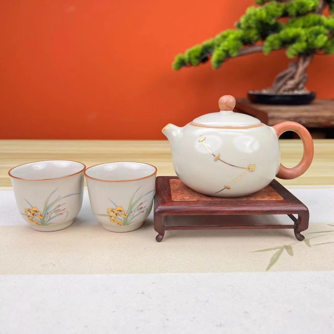 米黄汝窑锯钉瓷盖碗中式陶瓷礼盒装纯手工西施壶茶壶（送两杯）JS