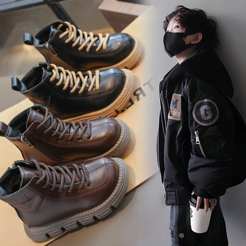 男女童靴子冬季儿童鞋英伦风女孩加绒马丁靴时尚百搭童靴女童短靴