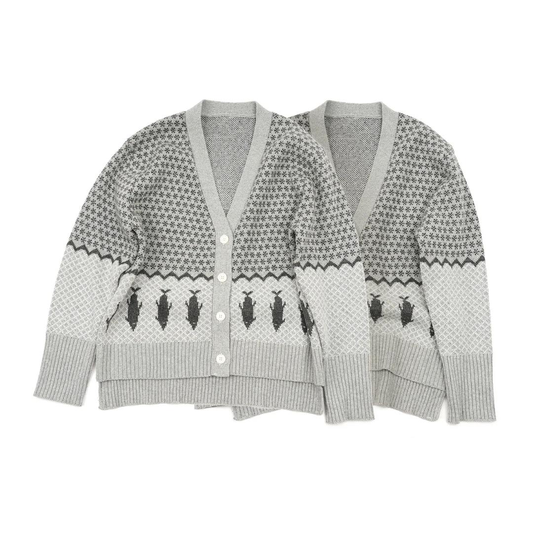 【鱼熊】提花针织开衫时尚休闲编织宽松条纹灰色设计师 22MY525