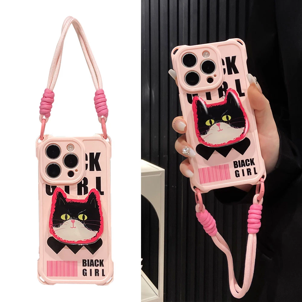 黑色英文适用于苹果15promax手机壳防摔四角挂绳iPhone13/14