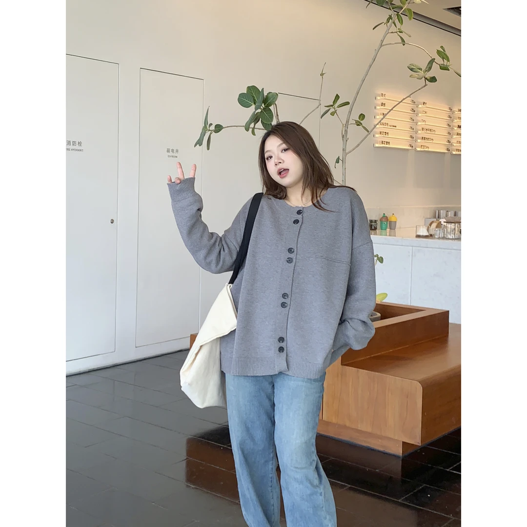 大码女装日系慵懒风毛衣外套女新款宽松圆领软糯针织开衫上衣0354