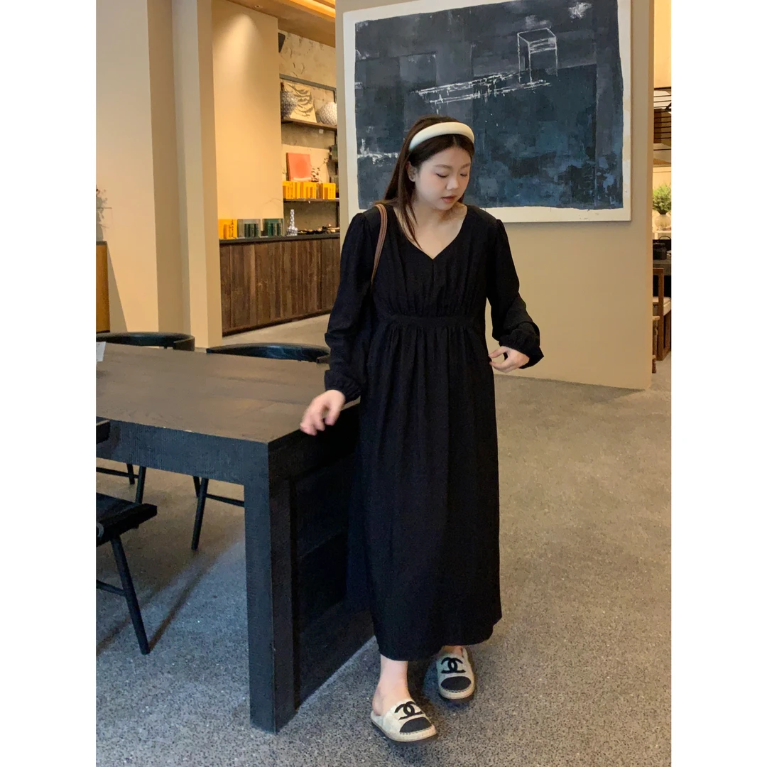 大码女装韩版宽松显瘦圆领长裙女胖mm复古长袖皱感肌理连衣裙1342