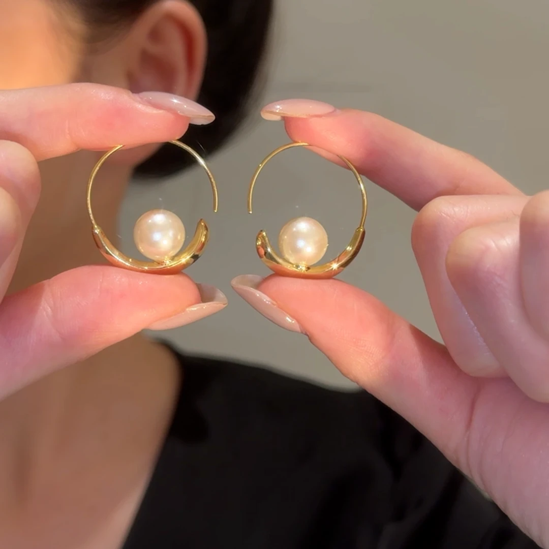 铜合金耳饰 【玉曼】轻奢简约百搭高级气质珠珠小众设计耳圈圈耳环