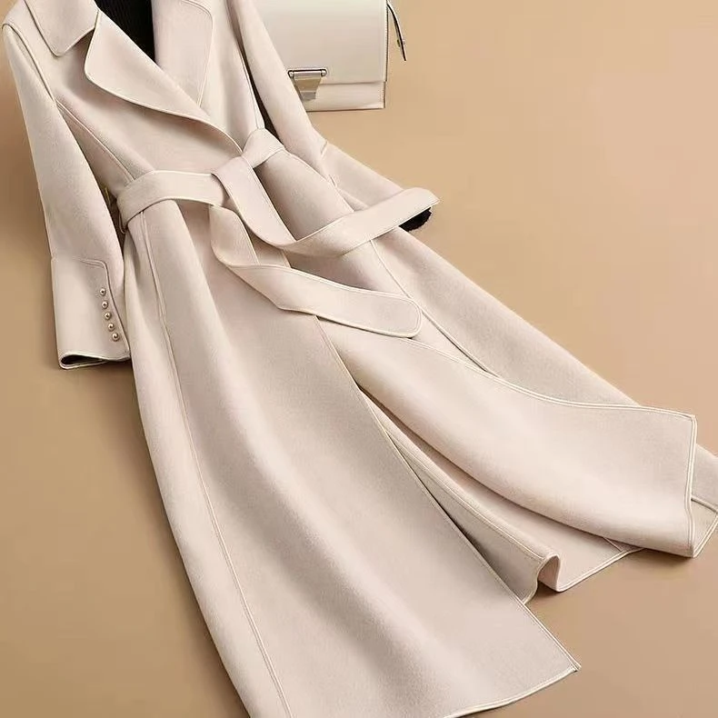 【女神优选】2023气质中长款年新款9926双面呢大衣系带外套时尚大衣