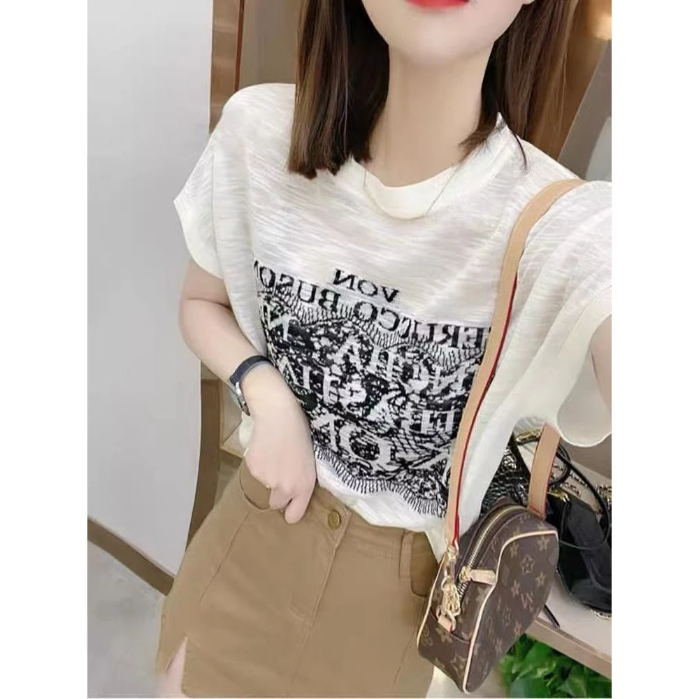 夏季新款字母印花短袖t恤女薄款设计感小众百搭宽松休闲圆领上衣