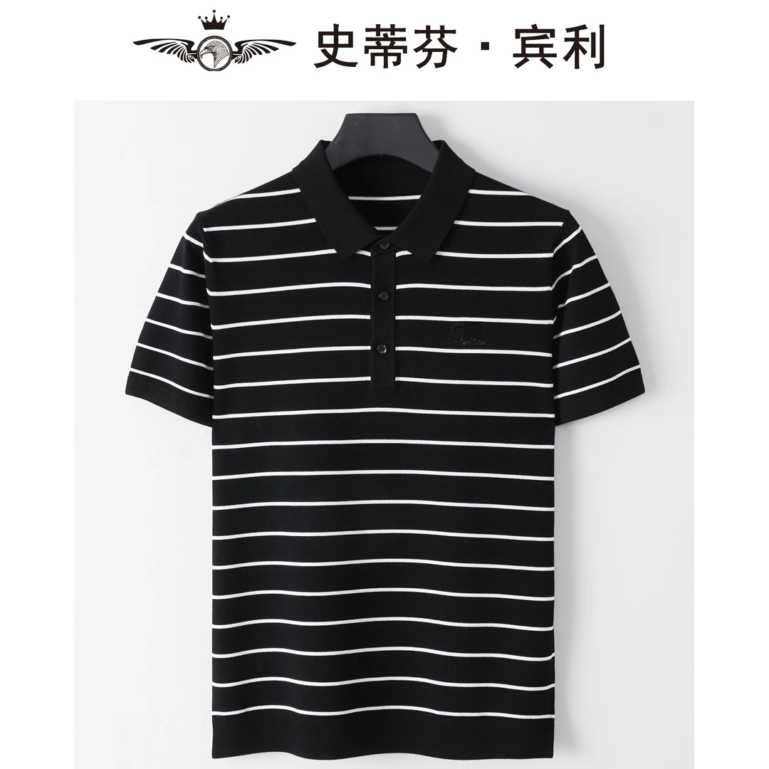 正品男士轻奢T恤短袖商务穿搭新款条纹polo【史蒂芬·宾利】细条纹