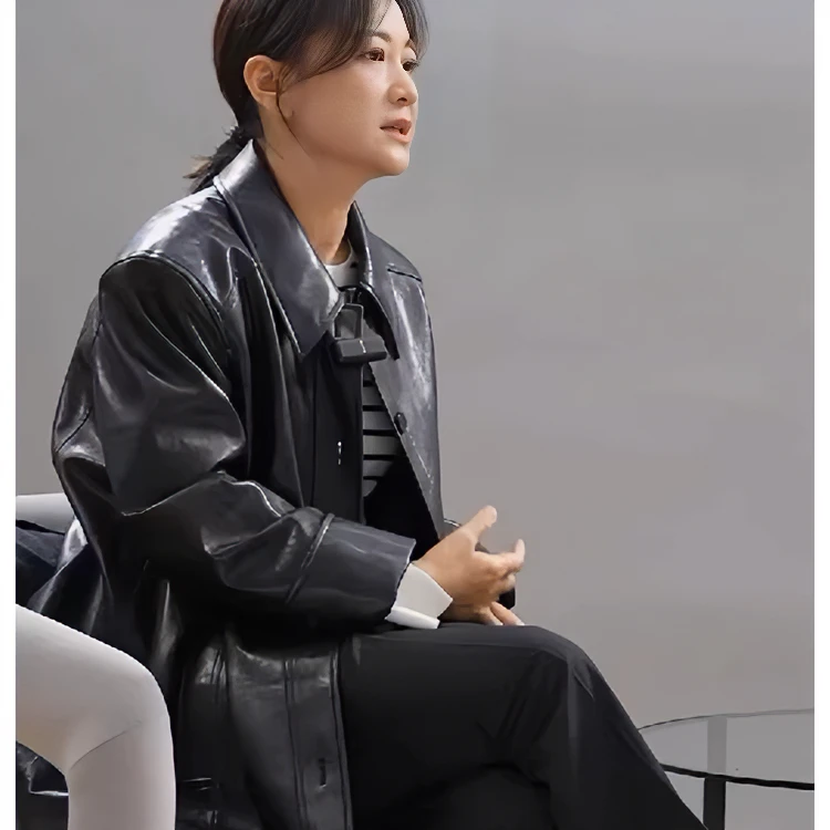 （贾玲同款）春秋真皮中长款皮衣皮夹克油蜡牛皮皮衣黑色女外套真皮