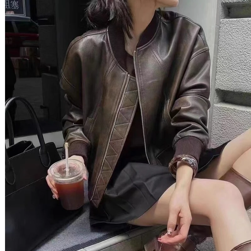 初恋公主2023春秋冬女士真皮绵羊皮棒球服休闲宽松外套