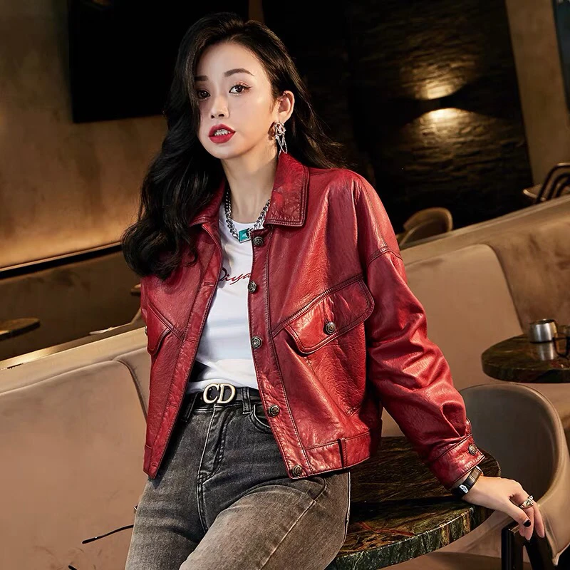 时尚春秋冬女士休闲真皮油蜡牛皮韩版宽松皮衣女外套2303