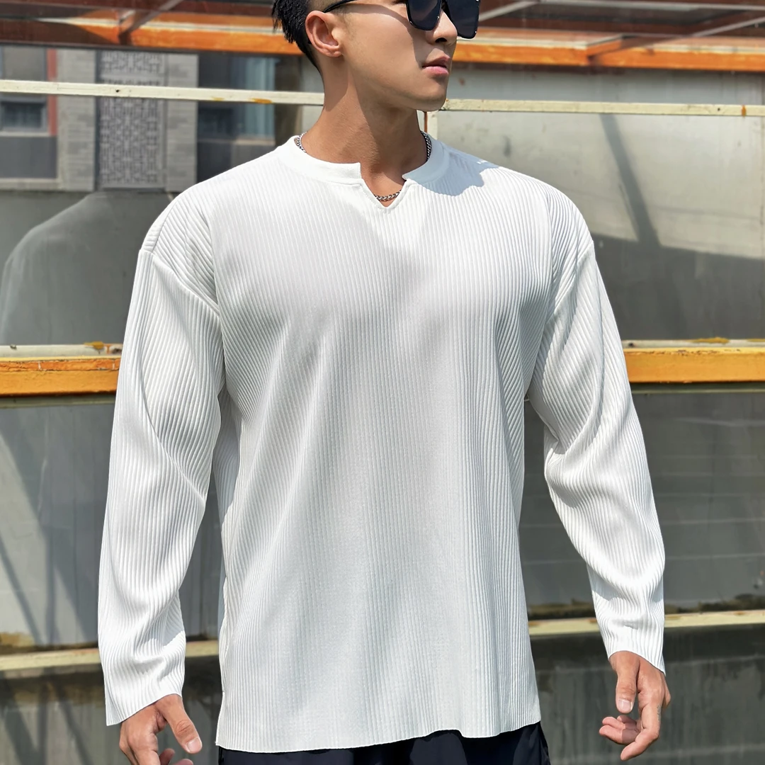 V领褶皱长袖秋冬男T恤宽松健身衣服运动垂感重磅新款训练高级百搭