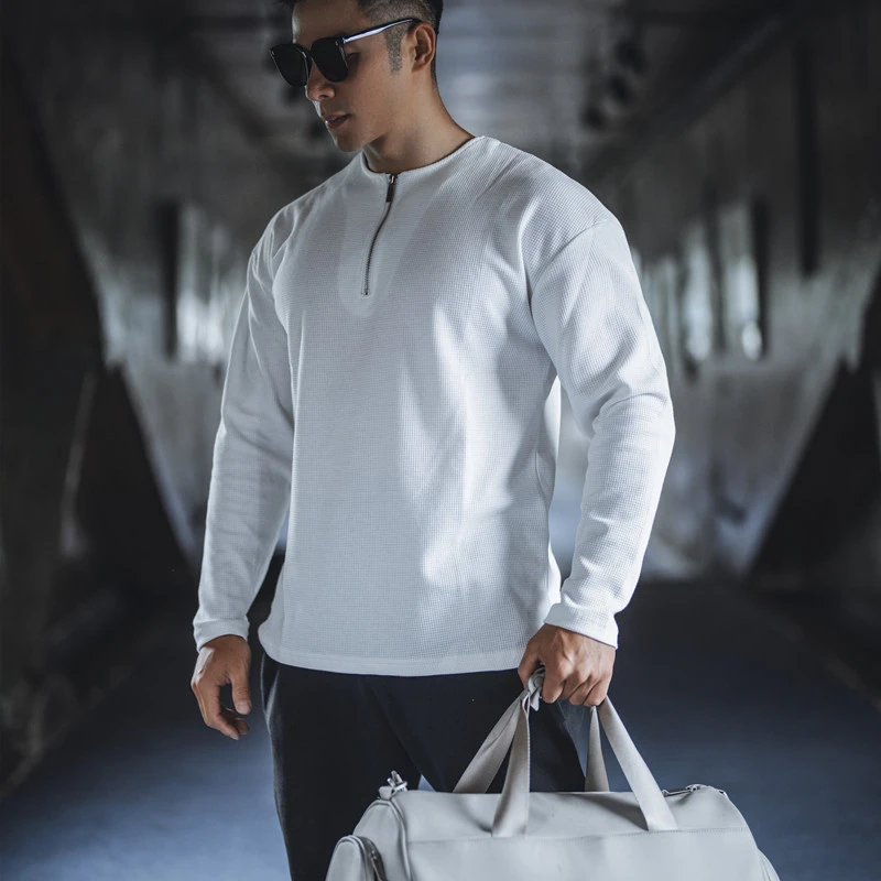 男士半拉链华夫格长袖美式休闲运动设计T恤春秋潮流纯色百搭上衣