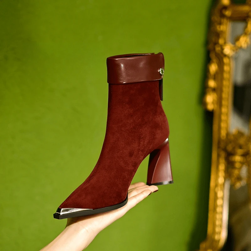 【国潮2024秋冬8cm粗跟性感瘦瘦靴女气质尖头短靴百搭配裙子时装靴