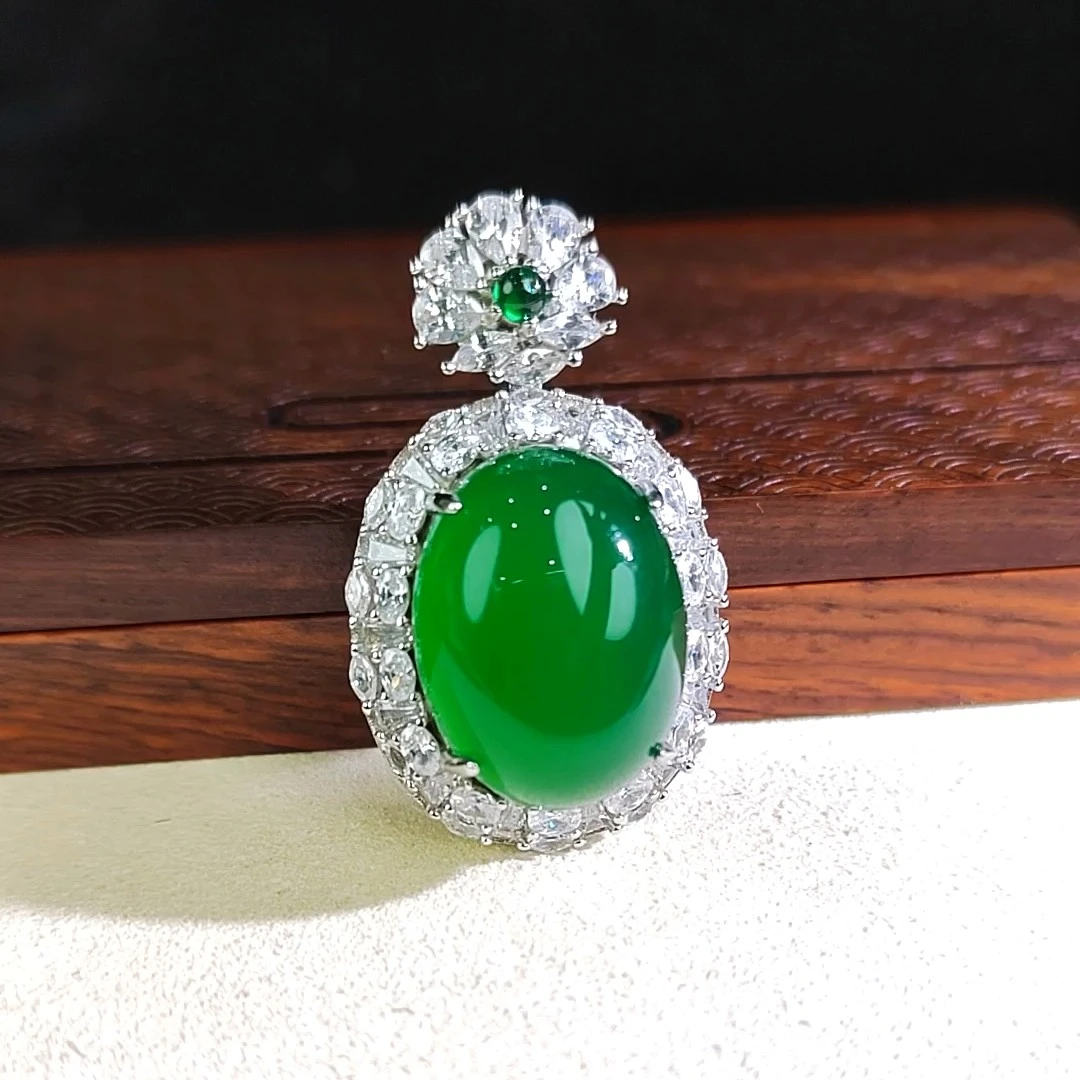 S925银上等天然正品大蛋面玉坠高档冰透帝王满绿色100%纯天然真玉