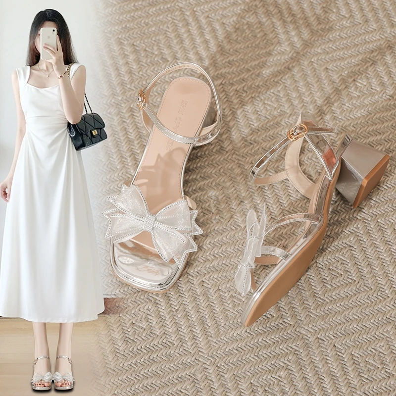 ZHR凉鞋女款夏季外穿2024一字带绝美银色高跟鞋法式蝴蝶结女鞋子