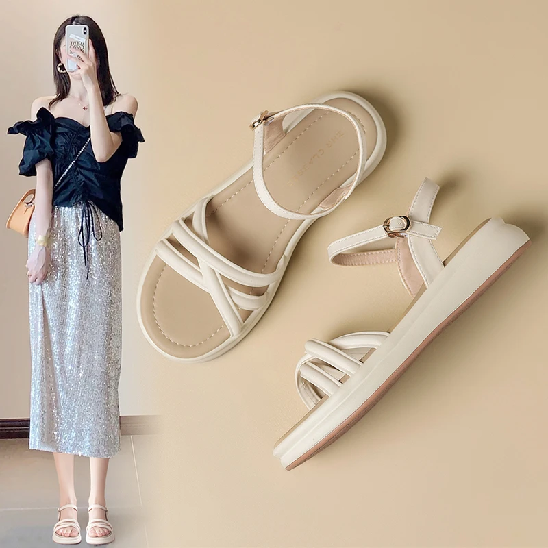 ZHR罗马凉鞋女2025夏季厚底法式绝美细带软底外穿平底休闲沙滩鞋