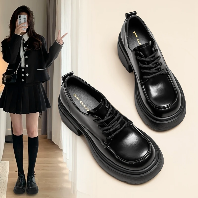 ZHR布洛克女鞋2024秋季新款黑色英伦小皮鞋女厚底增高圆头乐福鞋