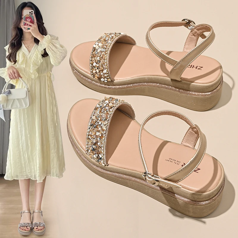 ZHR则则坡跟凉鞋女2024夏款一字带罗马女鞋仙女风厚底女士松糕鞋