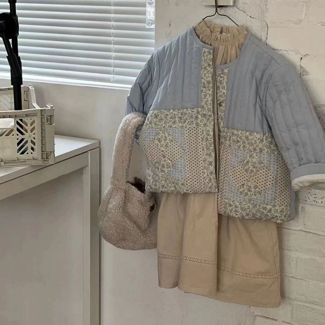 2023秋冬新款韩国ins女童装森系碎花拼接加厚夹棉棉袄棉衣服外套