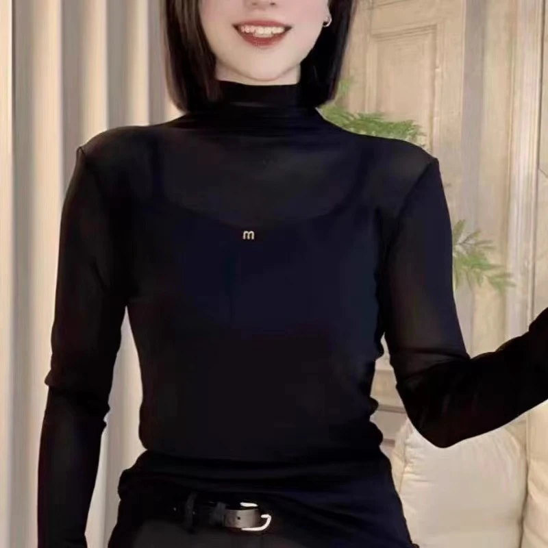 只发新疆女士网纱半高领打底衫秋季新款26017