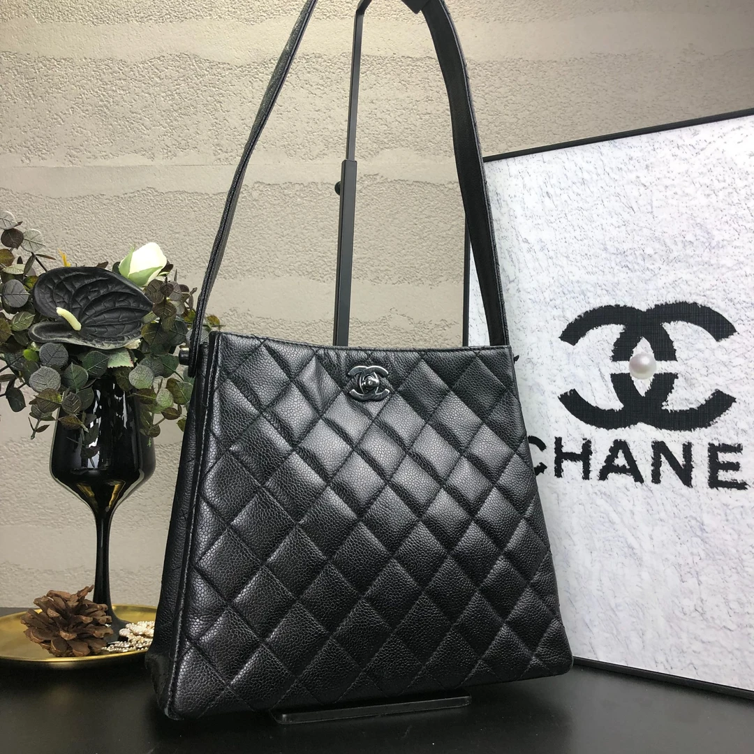 95新 Chanel/香奈儿 黑银鱼子酱双子星腋下包 4开底长26