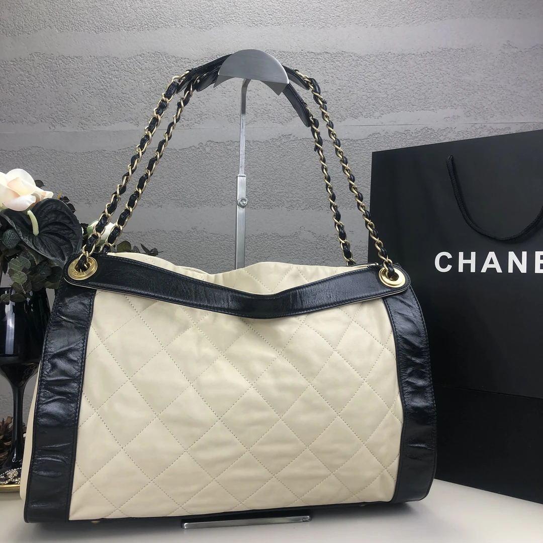 95新 Chanel/香奈儿 奶茶拼色腋下康鹏系列托特包 底长36 16开