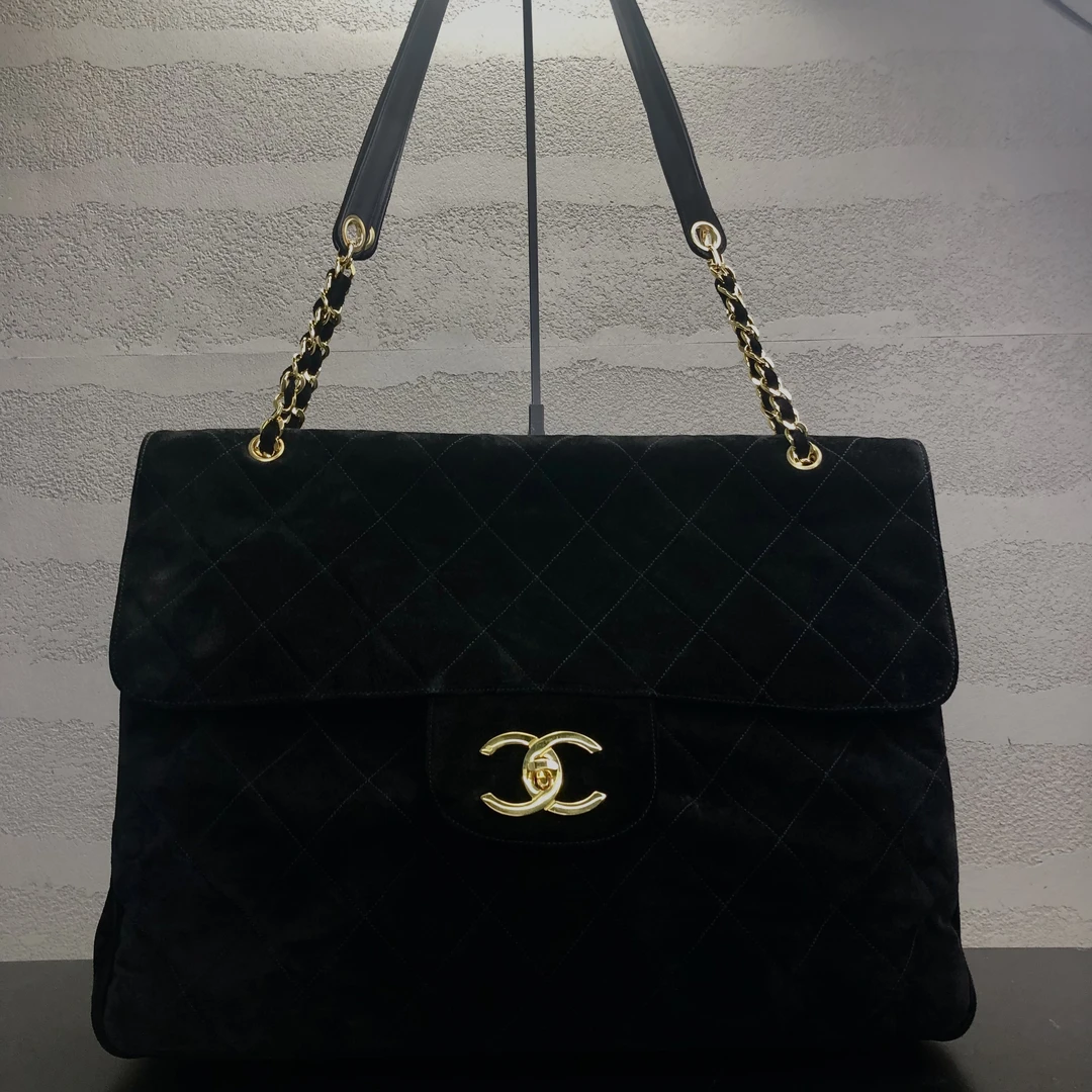 95新 Chanel/香奈儿 黑金麂皮超模xxl金球链条包 2开带尘袋底长43