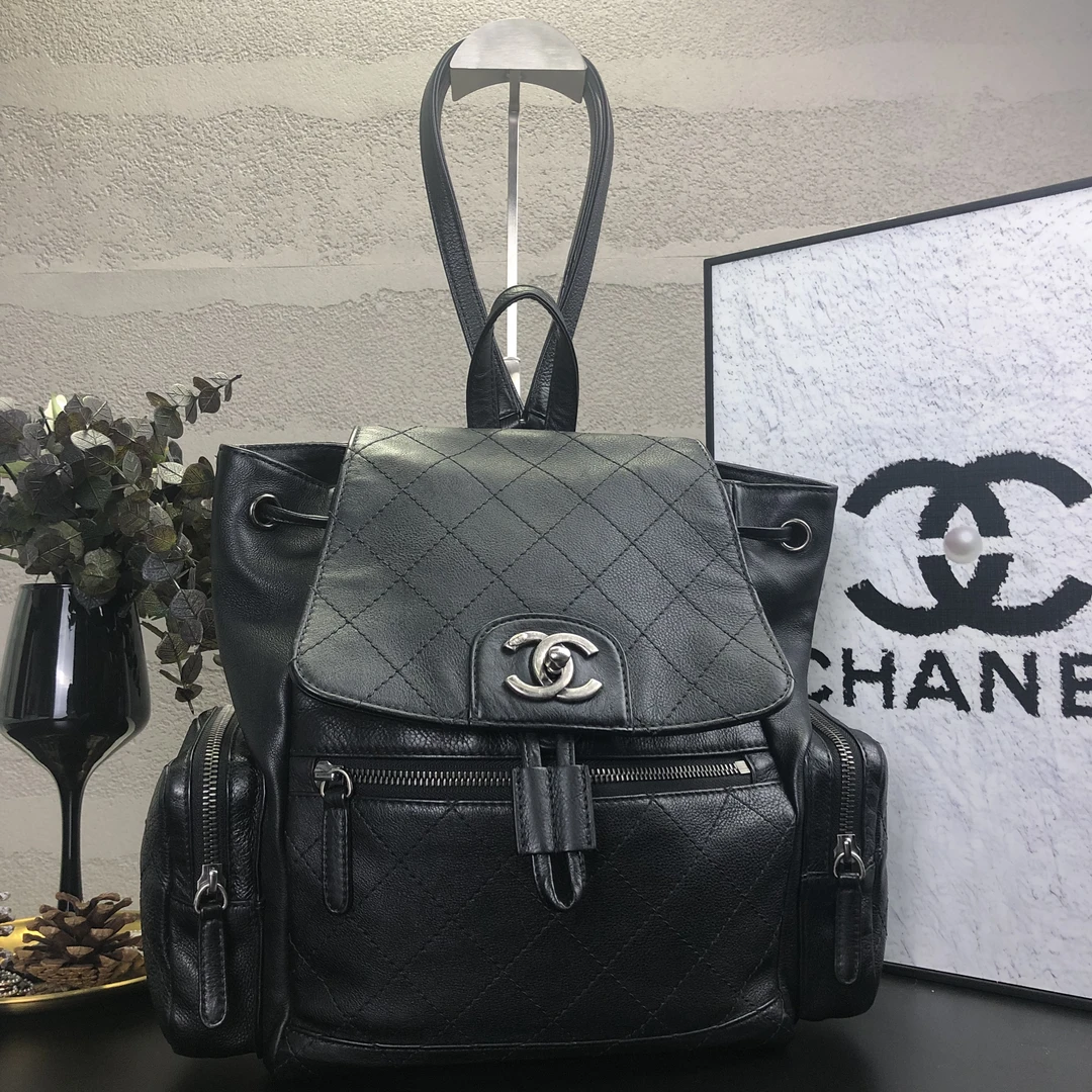 95新 Chanel/香奈儿 古巴系列深橄榄绿牛皮翻盖双肩包 23开底长30