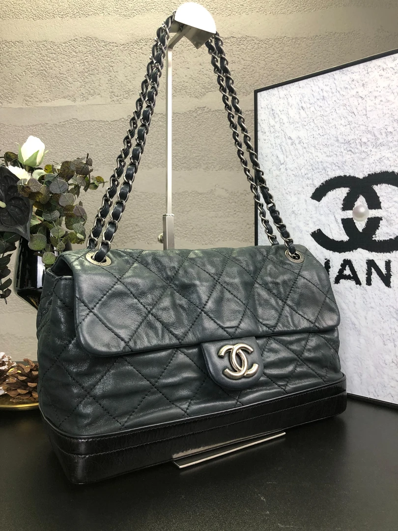 95新 Chanel/香奈儿 珠光黑银拼油蜡机场链条包 15开带卡底长29