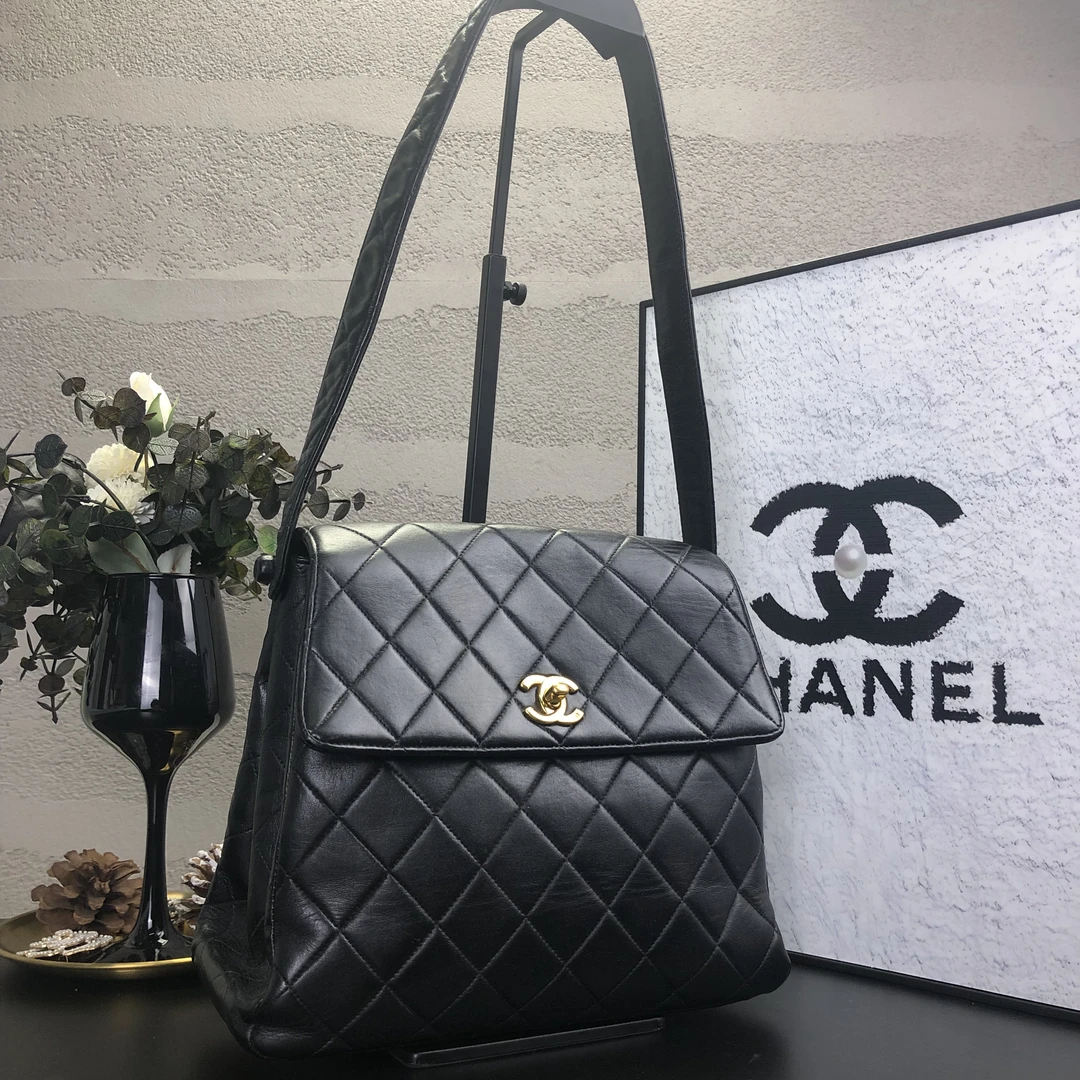 95新 Chanel/香奈儿 黑金棱格kelly腕挎单肩膀腋下包 5开底长25