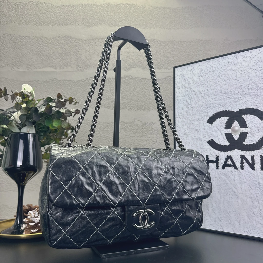 95新 Chanel/香奈儿 黑银外缝线cf口盖包 13开带卡 底长29