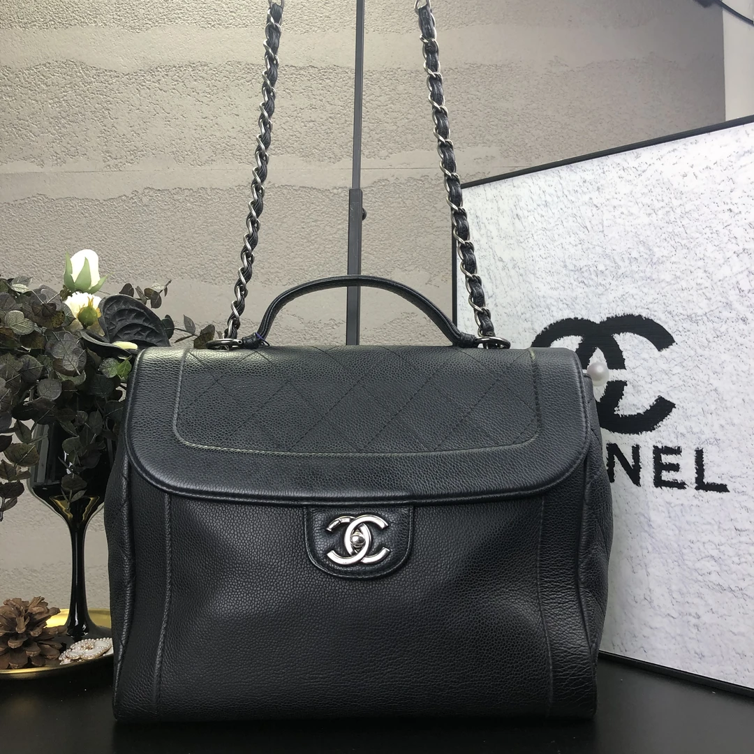 95新 Chanel/香奈儿 黑银鱼子酱邮链条包 20开尘袋底长30
