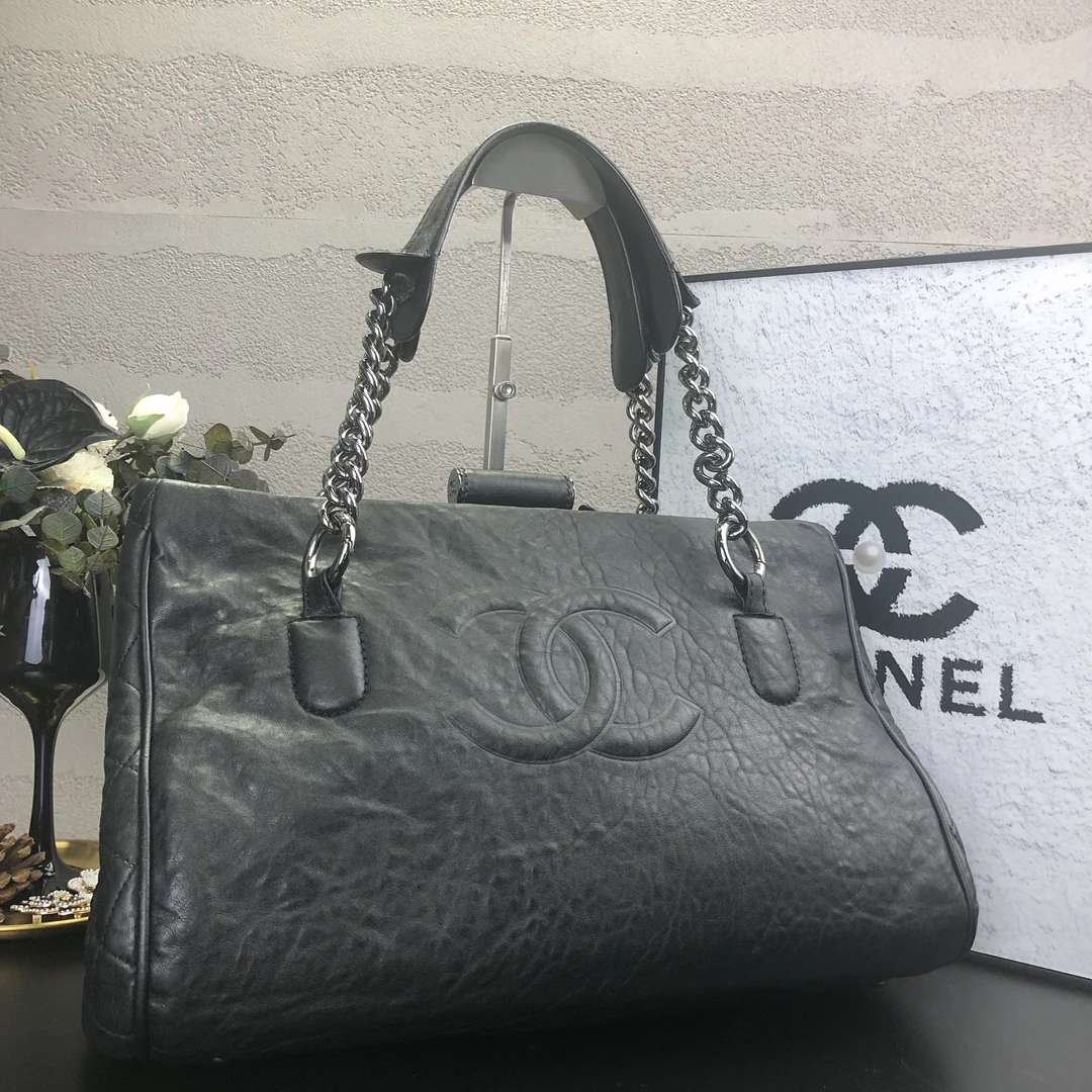 95新 Chanel/香奈儿 黑银蛙口大双C托特包 11开底长35
