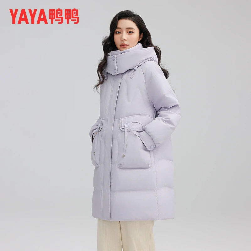 YAYA/鸭鸭中长款羽绒服2024年冬季女士新款连帽时尚鸭绒保暖外套