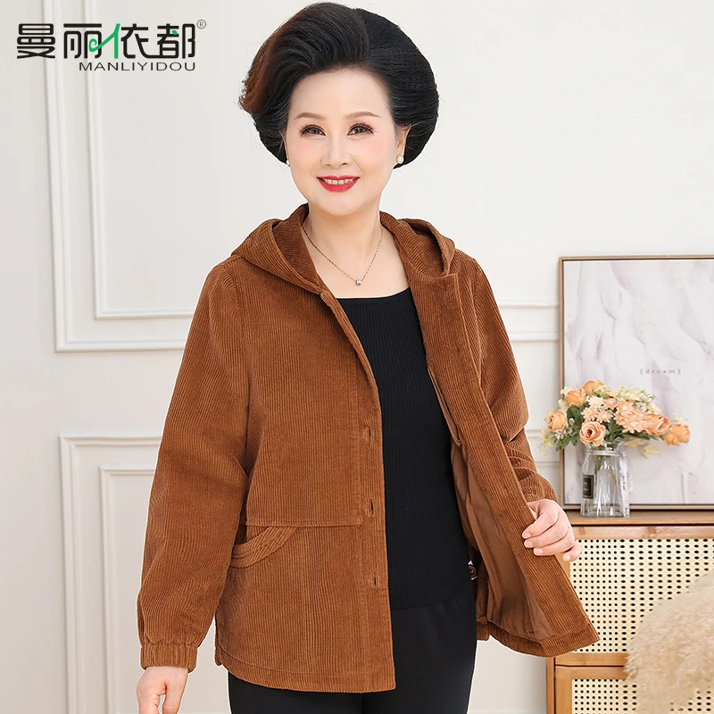 中老年秋季新款女装纯棉灯芯绒连帽外套老太太宽松外穿夹克妈妈装