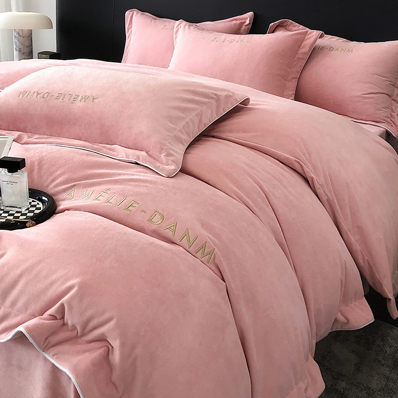 轻奢加密婴儿绒四件套刺绣款双面绒冬季保暖被罩四件套床单床笠款