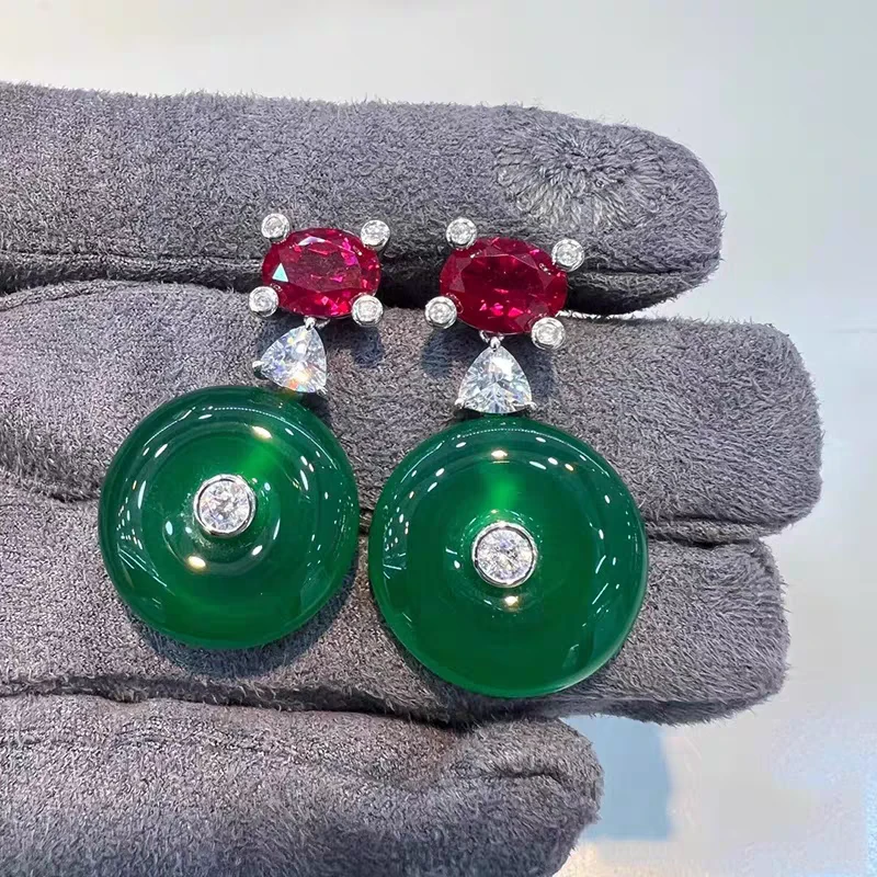 【S43】高级感绿色银镶平安扣耳环设计师复古贵气耳饰