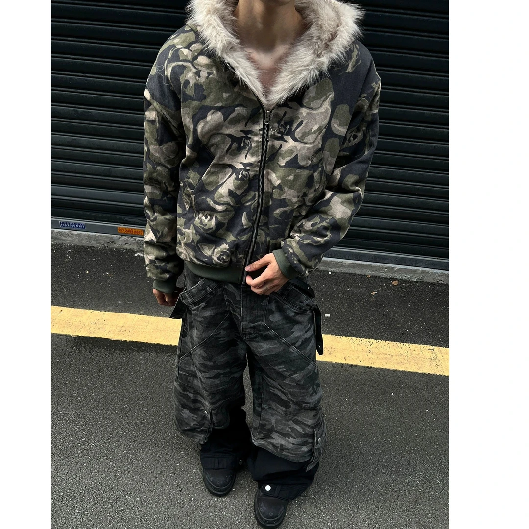 XDYOP 美式重磅迷彩毛绒拼接连帽外套男潮牌冬季短款cleanfit棉服