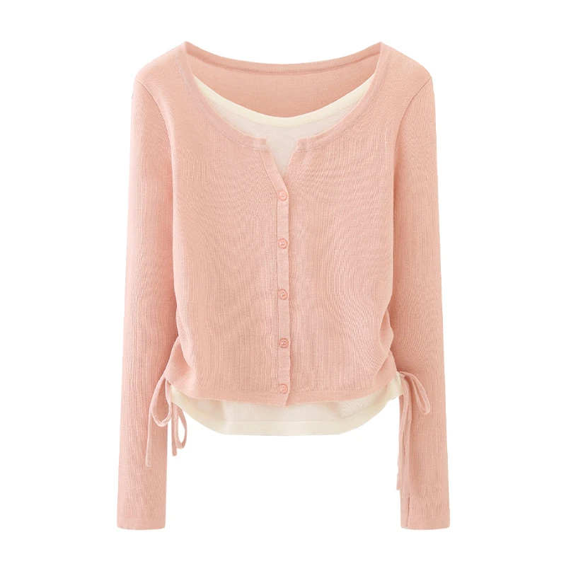 NUMEN BUTTON/灵扣2025年早秋新款简约风假两件抽绳收腰针织开衫